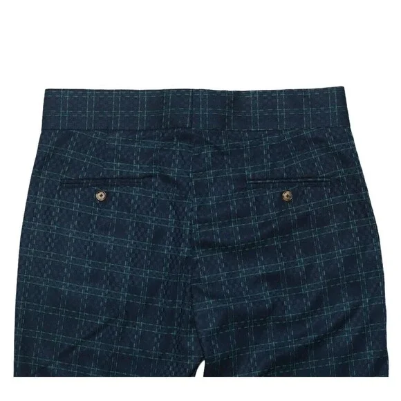 Mens Dress Pants Blue Green Check Geometric Slim Straight Gurkha Trousers 34